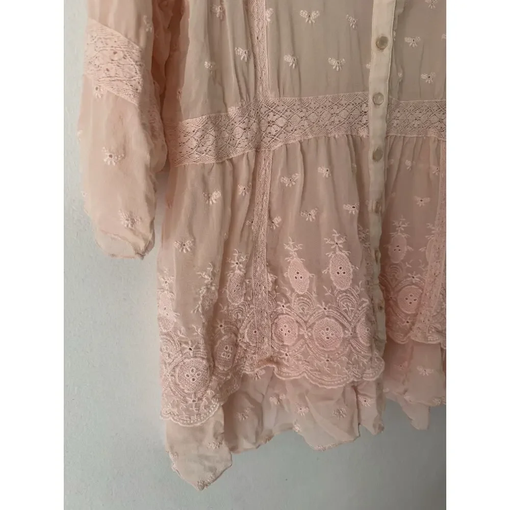 Sundance Pink 100% Silk Embroidered Sheer Button Front Blouse Size XL - Picture 4 of 6